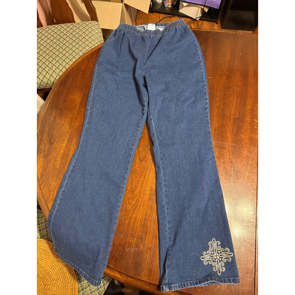 Denim 24/7 Womens Blue Elastic Waist Rhinestone Studded Embellished Jeans